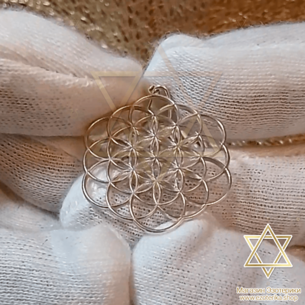 Кулон Цветок Жизни плоский из серебра 925 пробы с тонкоматериальным каналом сакрального геометрического пространства Метатрона